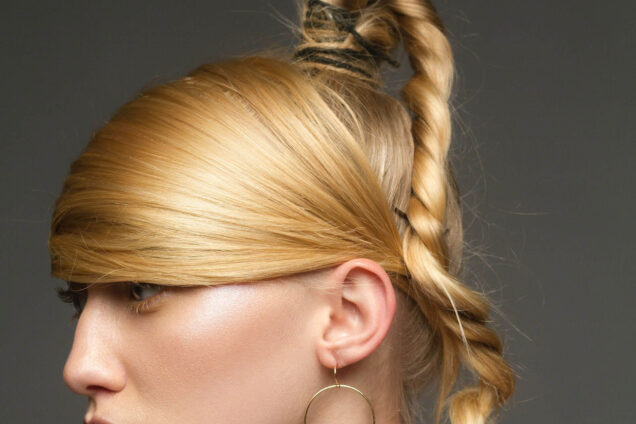 Porträt einer Frau mit aufwendiger, geflochtener Hochsteckfrisur und Schmuck, geeignet für einen Hairstyling-Workshop.